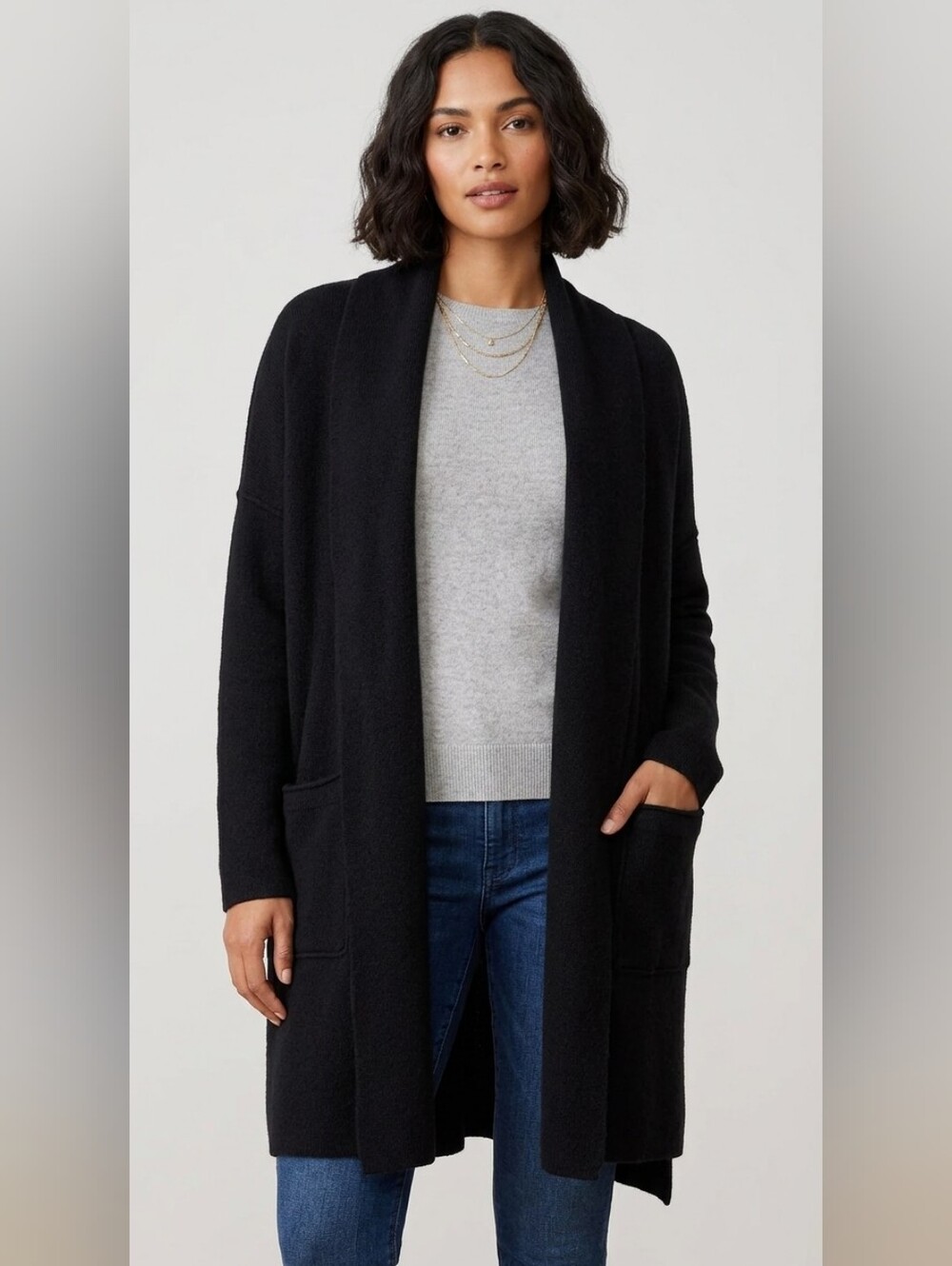 Eileen Fisher Black Open-Front Long Knit Cardigan